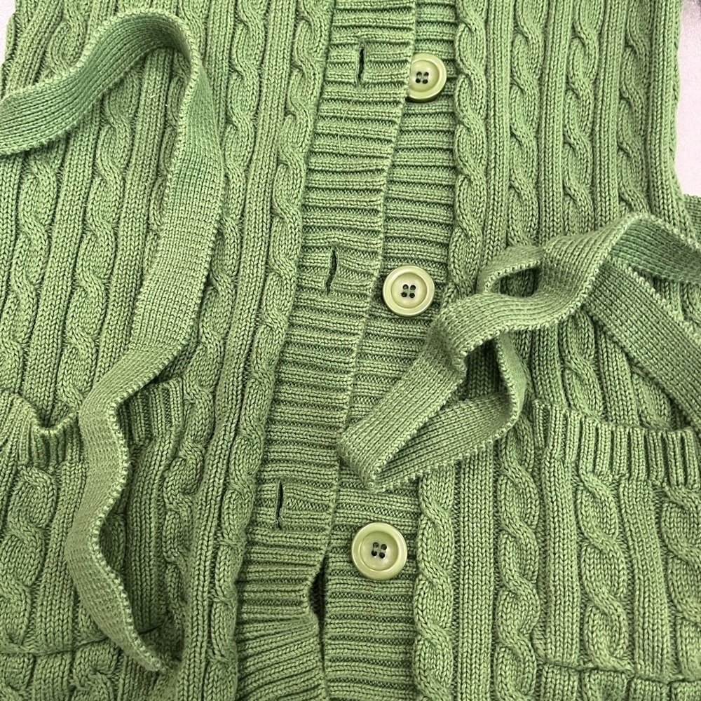 [S]L.L. Bean Forest Green Cable Knit Cotton Belted Long Button Cardigan RARE - Picture 2 of 7
